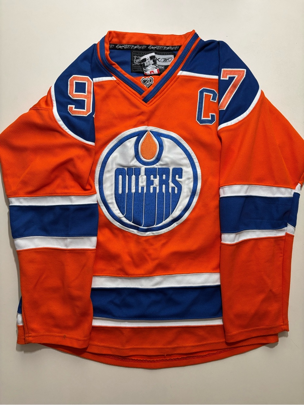 Connor McDavid Edmonton Oilers captain 97 orange -blue-white hockey jersey